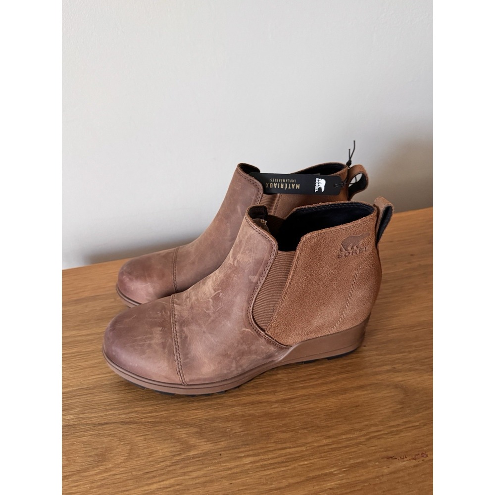 Sorel Evie Wedge Chelsea Boots Womens Size 8.5 Brown Leather Suede Pull On Shoes - Picture 2 of 10